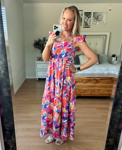 Tre Tiered Ruffled Floral Sleeveless Maxi Dress