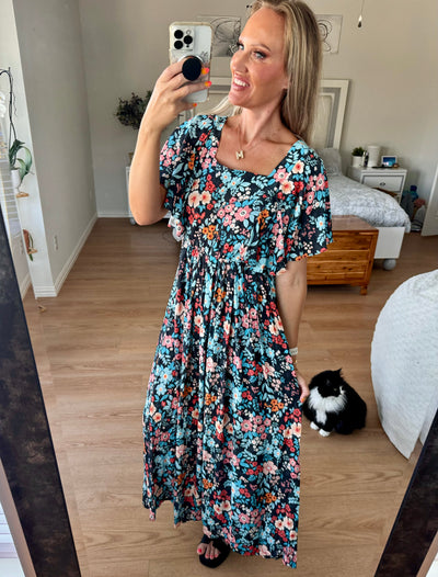 Sophia Tie Back Floral Round Neck Half Sleeve Maxi Dress