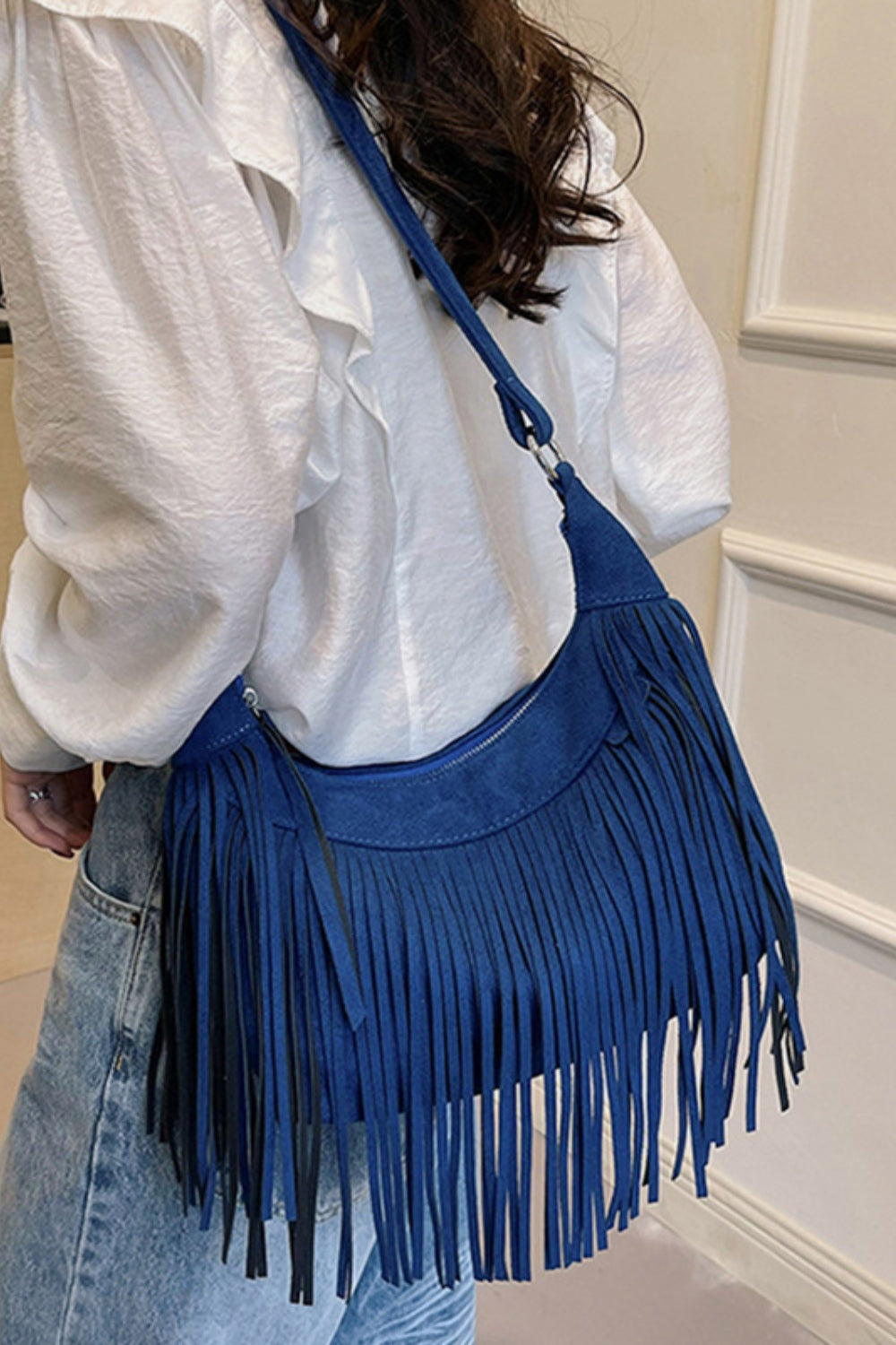 Vegan Suede Fringe Adjustable Strap Shoulder Bag