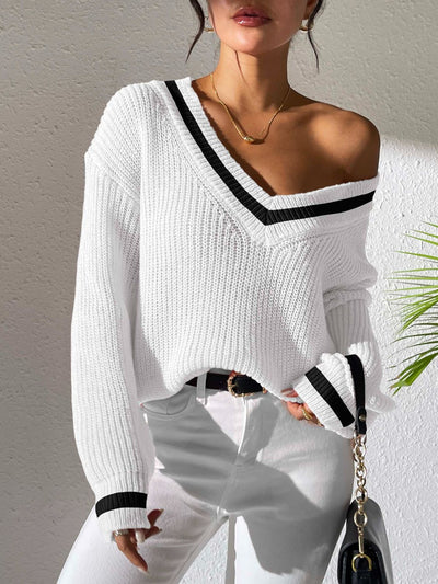 Cherie Contrast Trim V-Neck Oversized Sweater