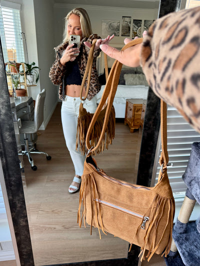 Vegan Suede Fringe Adjustable Strap Shoulder Bag