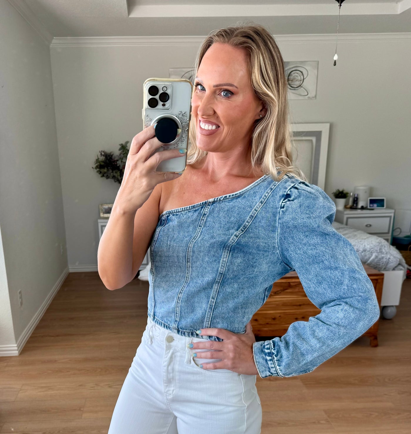 Angie One Shoulder Long Sleeve Denim Top