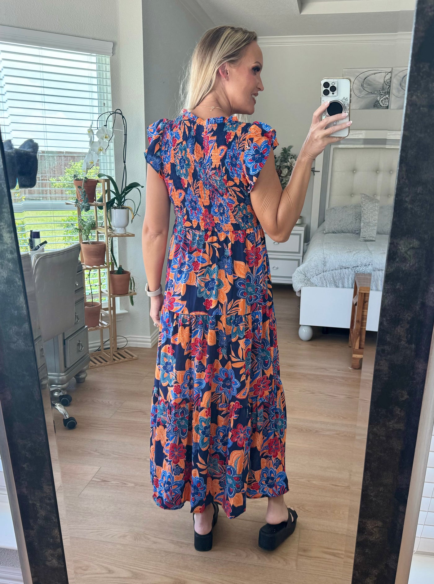 Ashley Smocked Ruffled Cap Sleeve Floral Maxi Dress