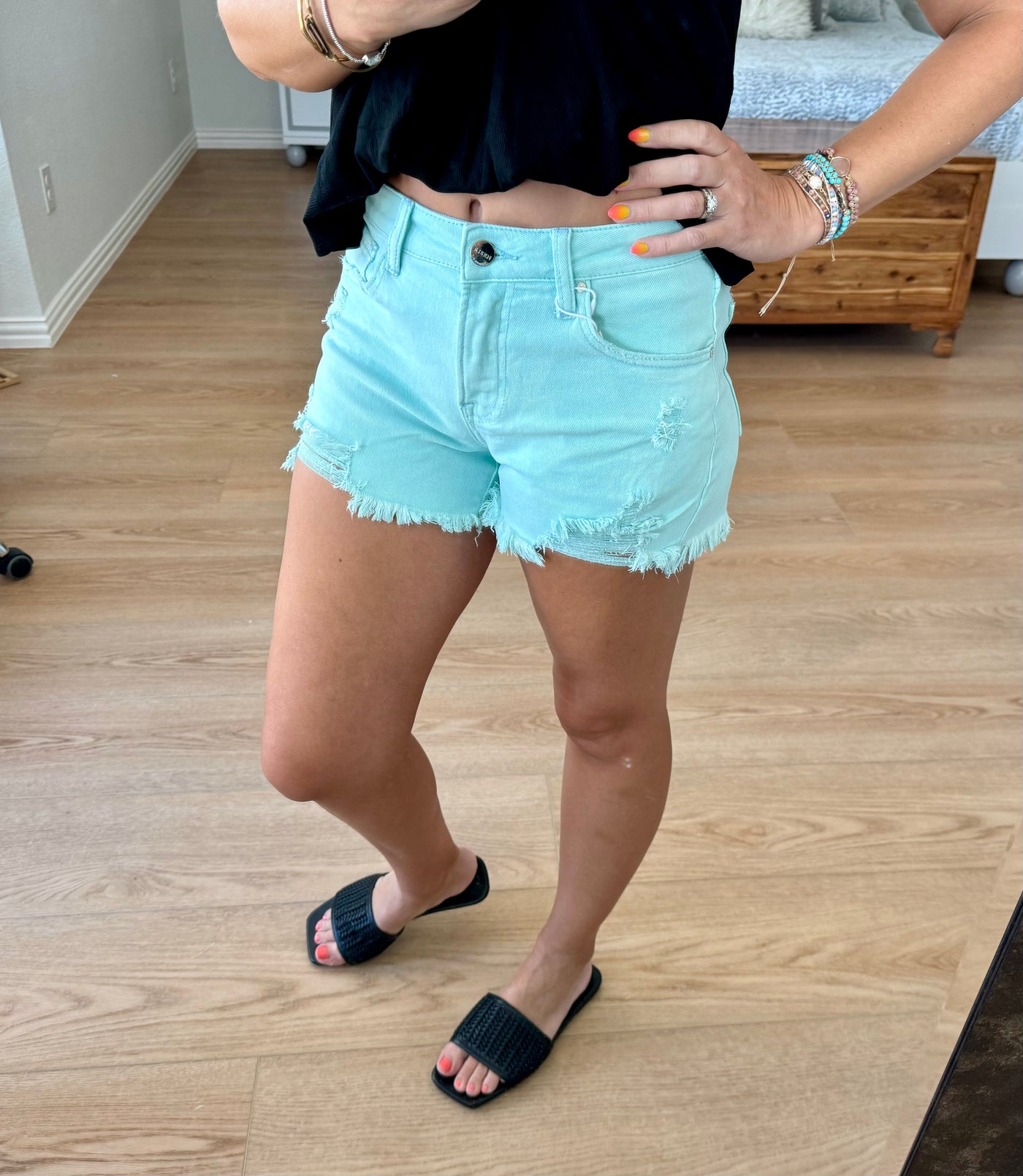 Rylee RISEN Frayed Hem Mint Denim Shorts