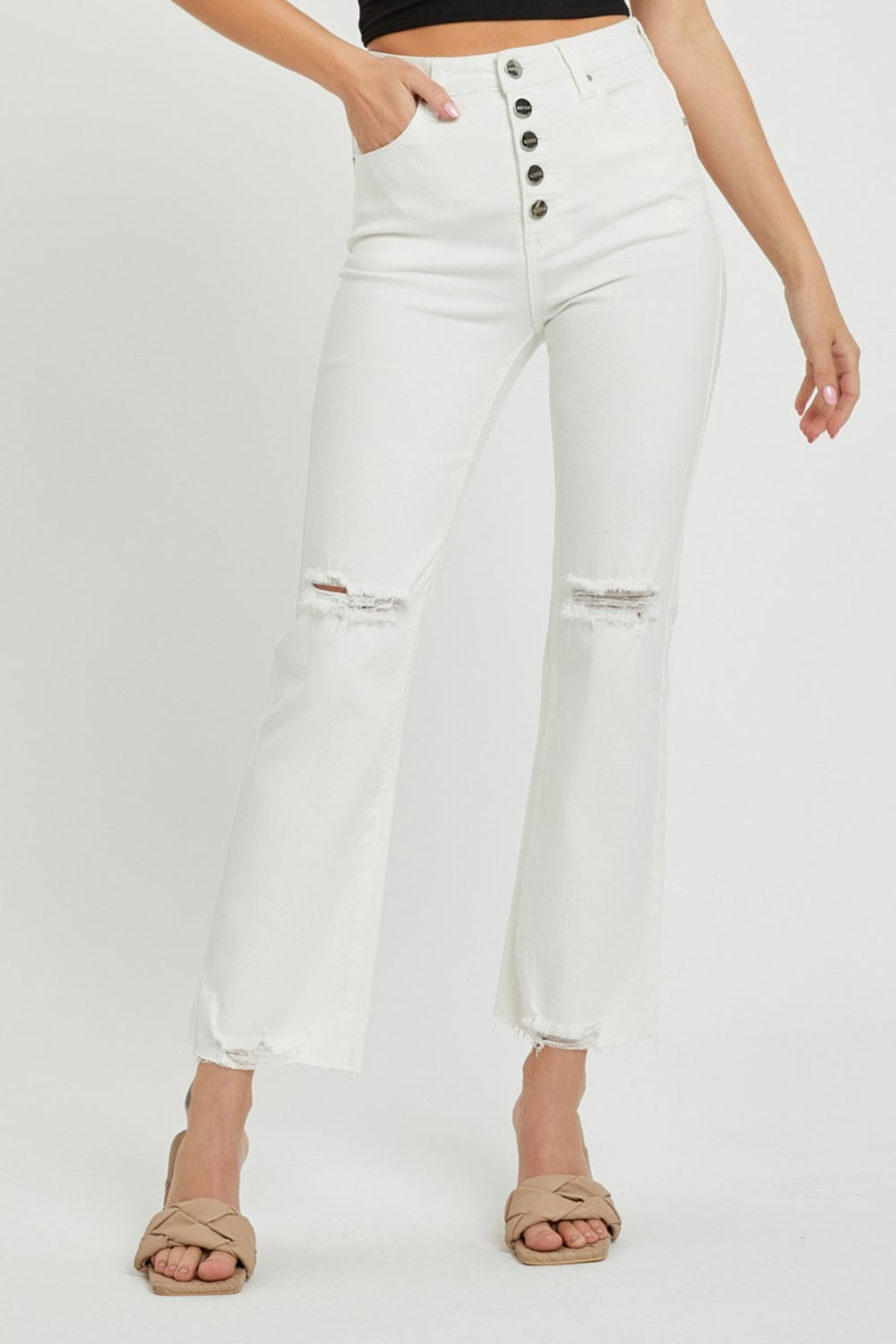 RISEN White Denim High Rise Button Fly Straight Ankle Jeans