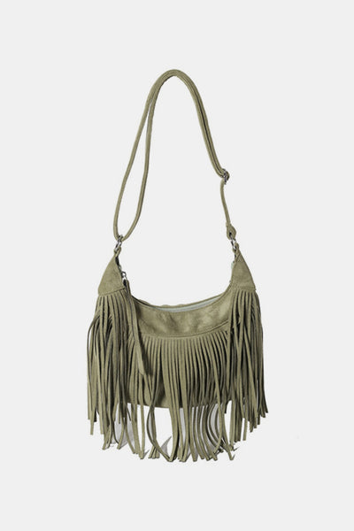 Vegan Suede Fringe Adjustable Strap Shoulder Bag