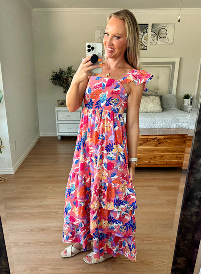 Tre Tiered Ruffled Floral Sleeveless Maxi Dress