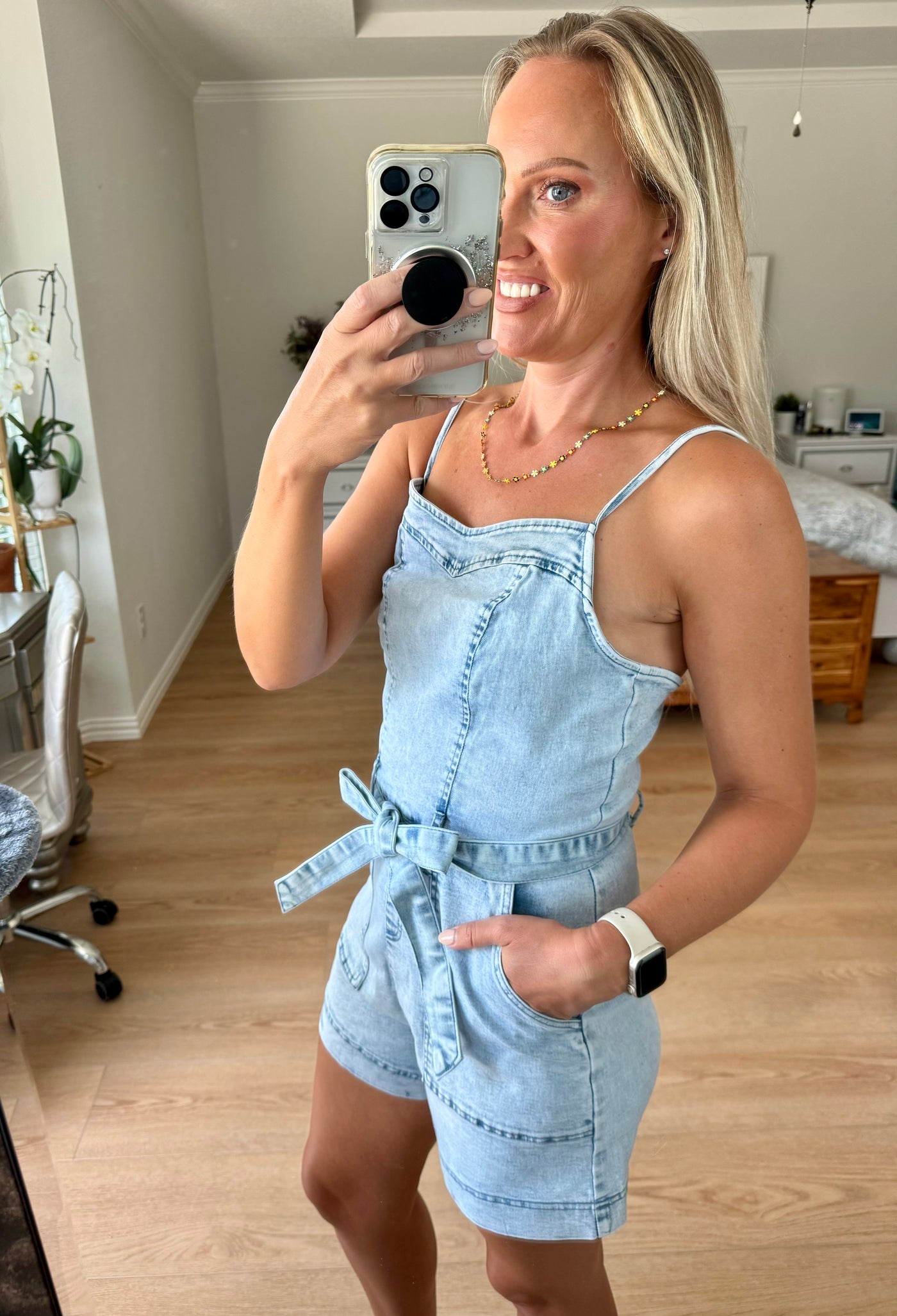 Tawna Tied Spaghetti Strap Denim Romper