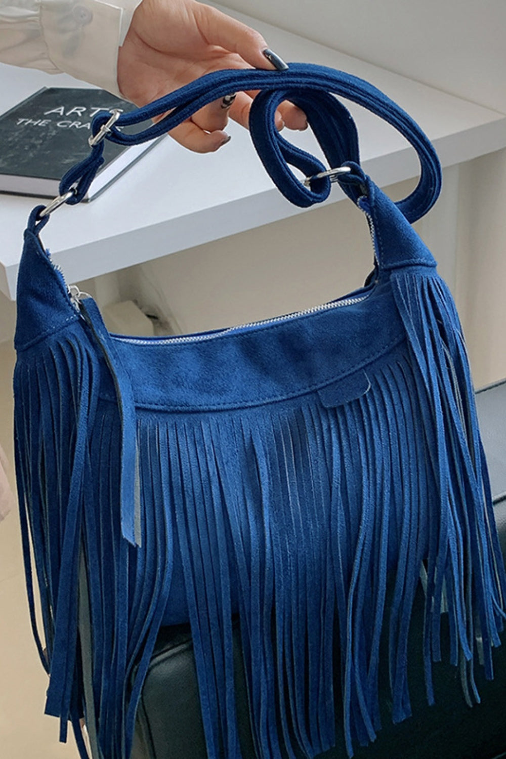 Vegan Suede Fringe Adjustable Strap Shoulder Bag