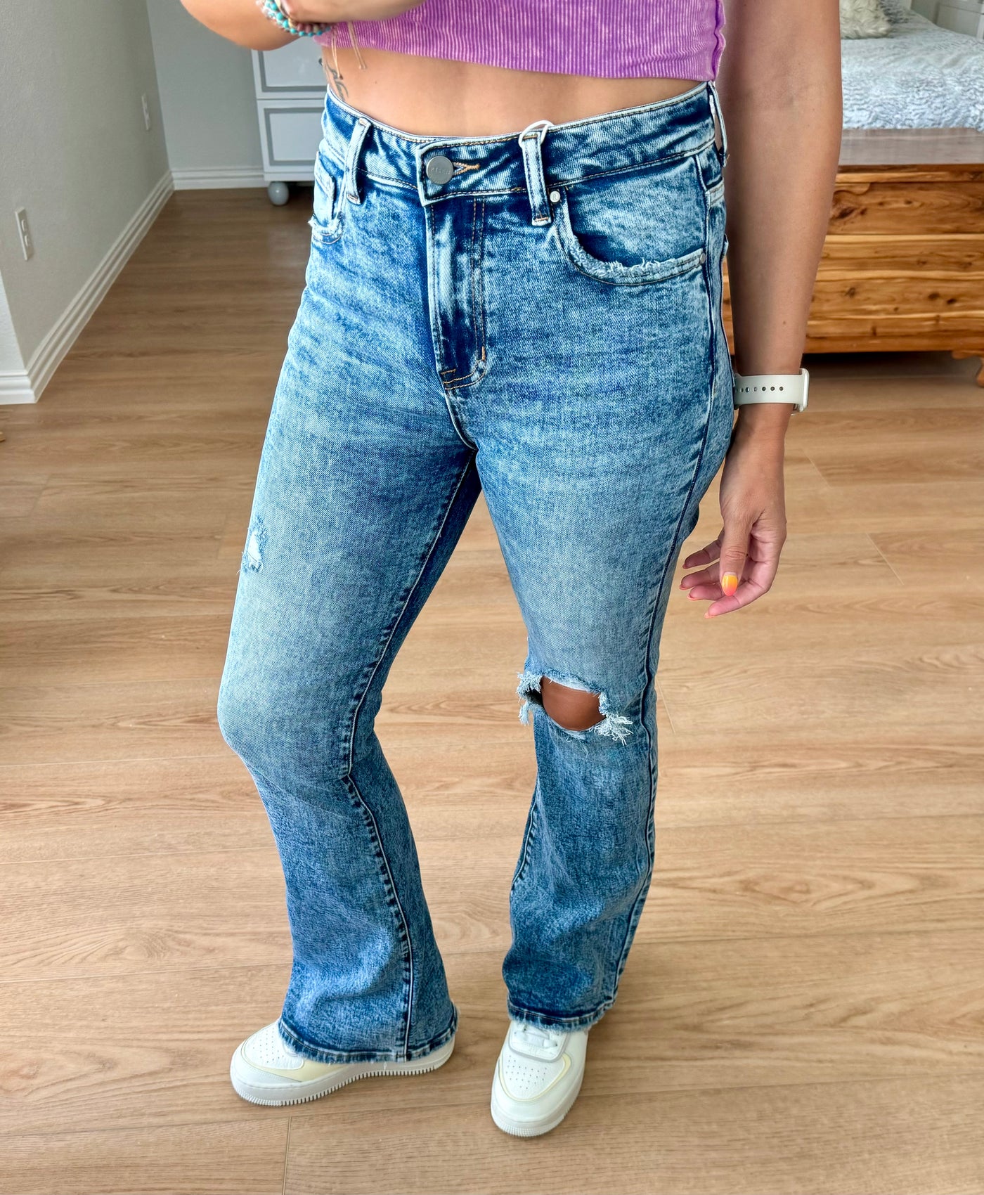 RISEN Acid Washed High Rise Distressed Flare Jeans