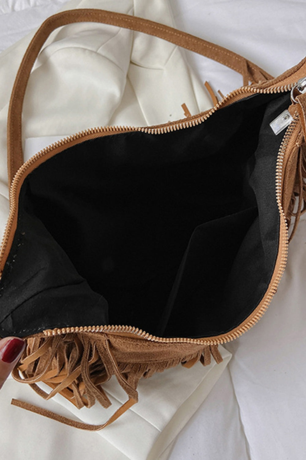 Vegan Suede Fringe Adjustable Strap Shoulder Bag