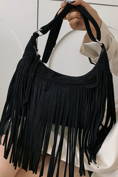 Vegan Suede Fringe Adjustable Strap Shoulder Bag