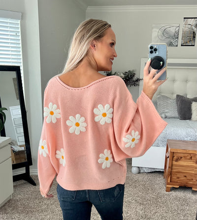 Janiyah Oversized Boat Neck Flower Wide Sleeved Knit Sweater