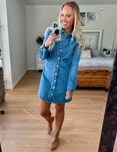 Hadley Ruched Button Up Long Sleeve Denim Dress