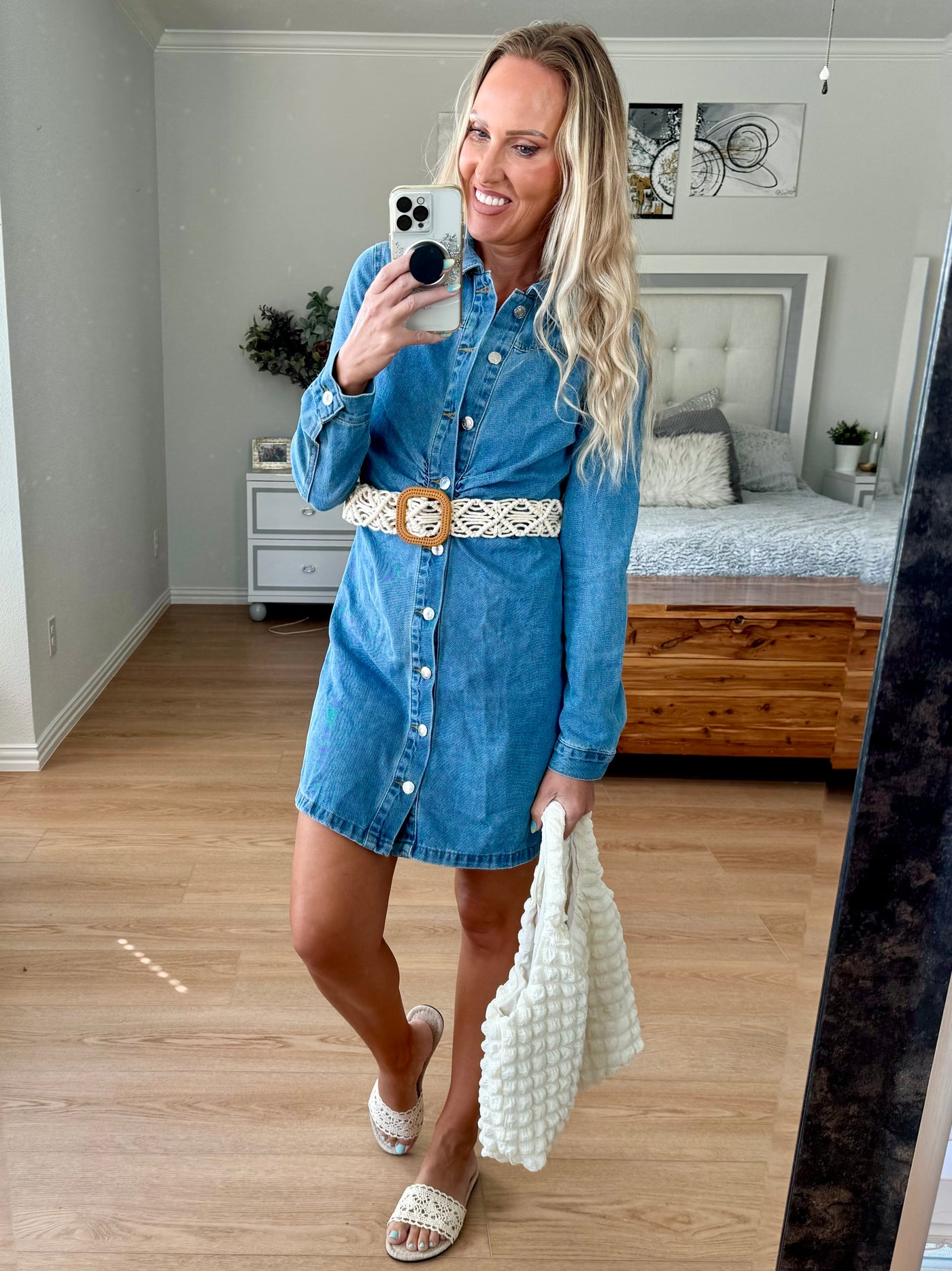 Hadley Ruched Button Up Long Sleeve Denim Dress