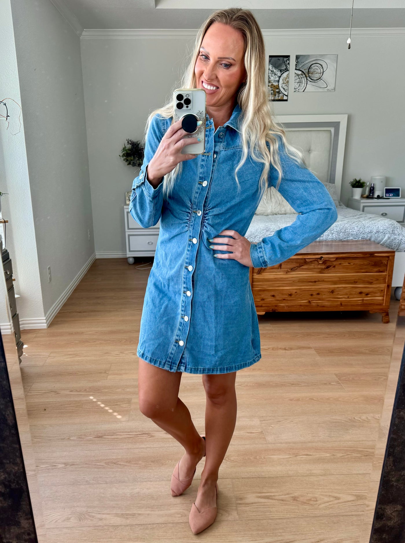 Hadley Ruched Button Up Long Sleeve Denim Dress