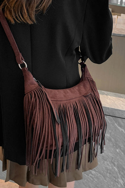 Vegan Suede Fringe Adjustable Strap Shoulder Bag