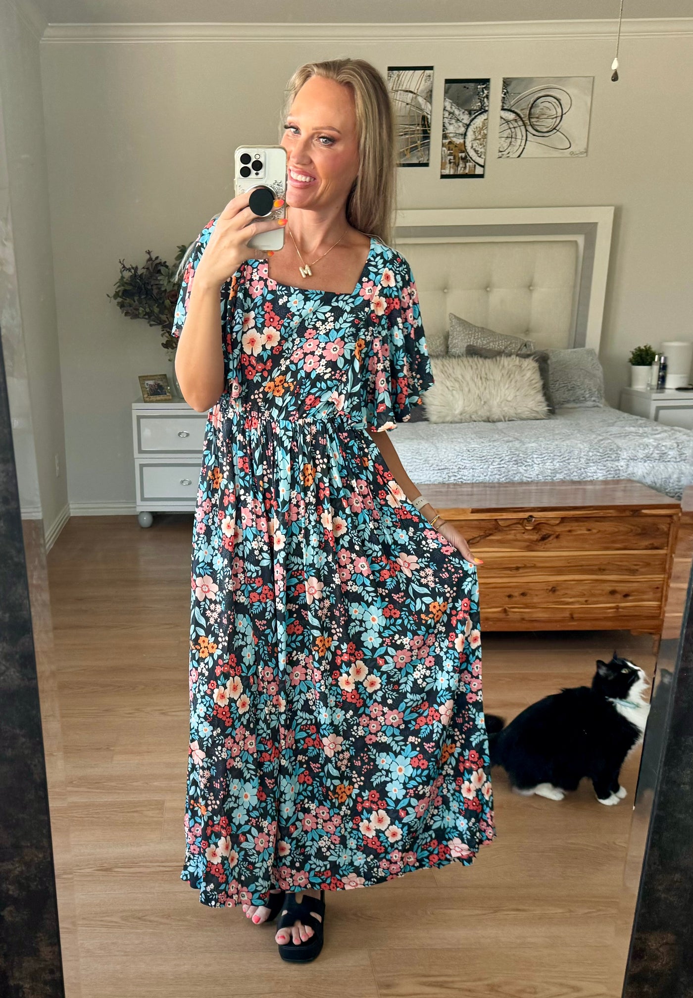 Sophia Tie Back Floral Round Neck Half Sleeve Maxi Dress