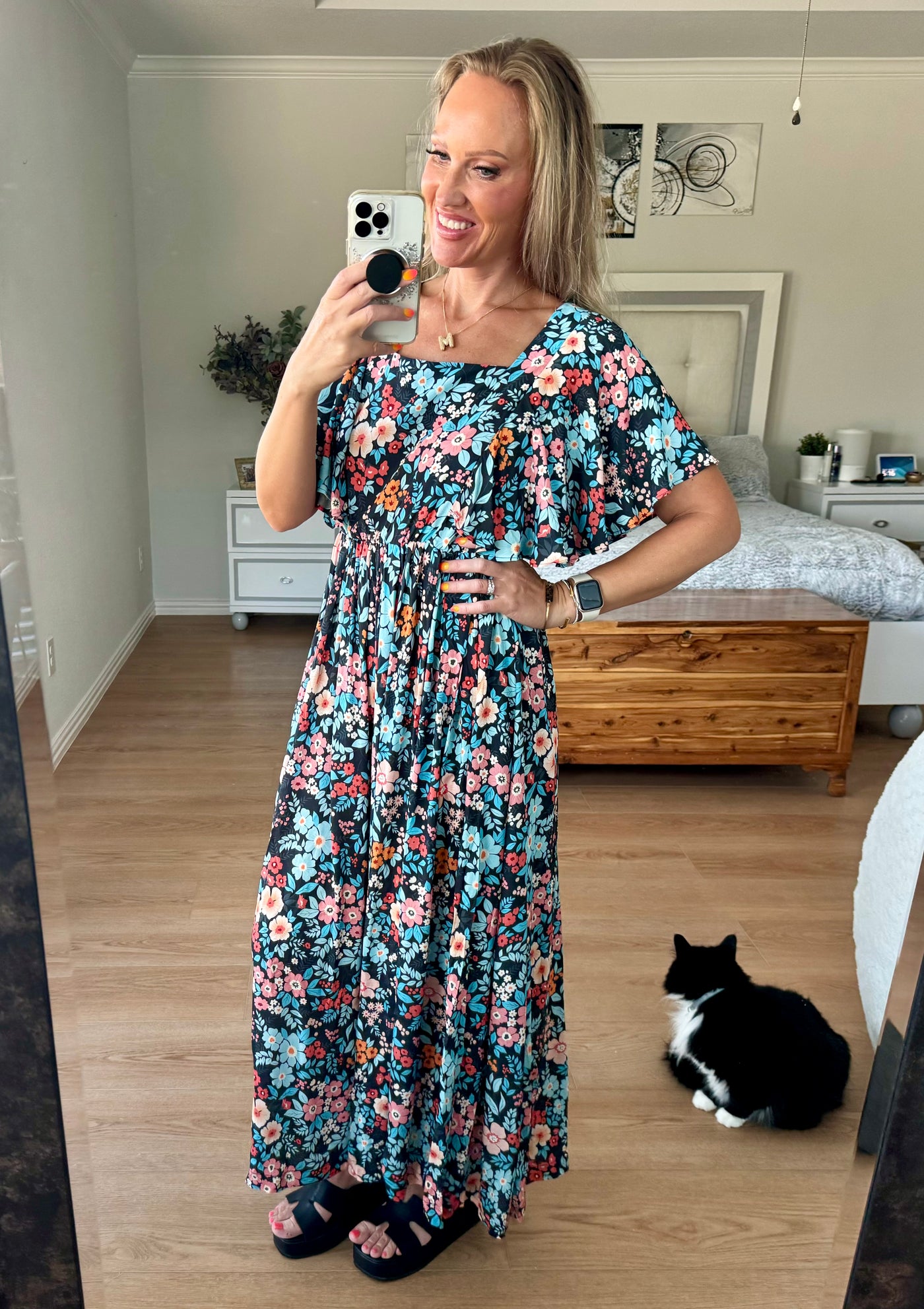 Sophia Tie Back Floral Round Neck Half Sleeve Maxi Dress