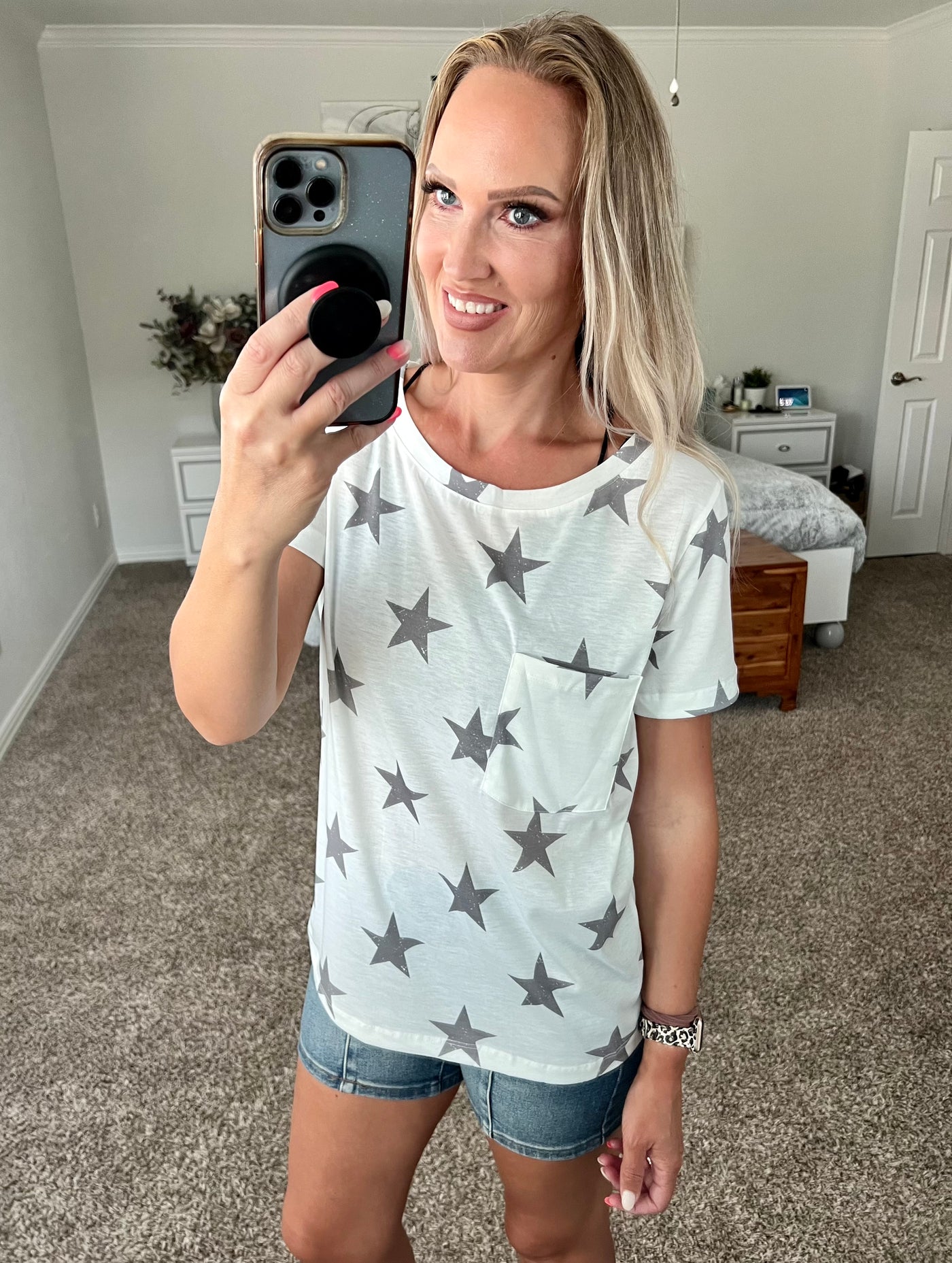 Star Print Round Neck Short Sleeve Top