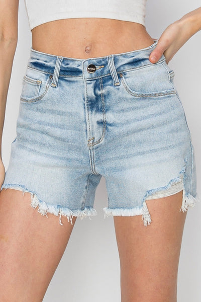 Rheya RISEN High Waist Frayed Detail Stretch Denim Shorts