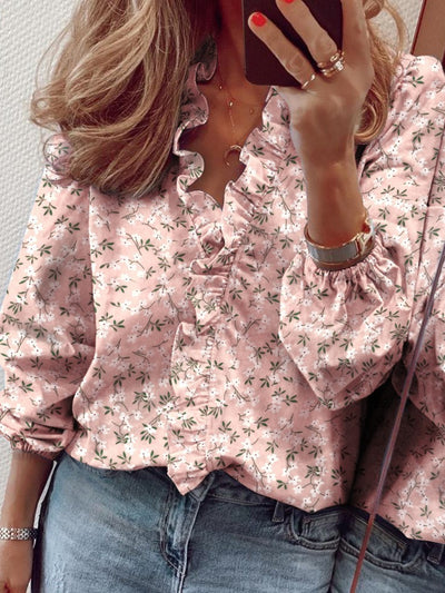 Taylor Ruffled Printed V-Neck Blouse