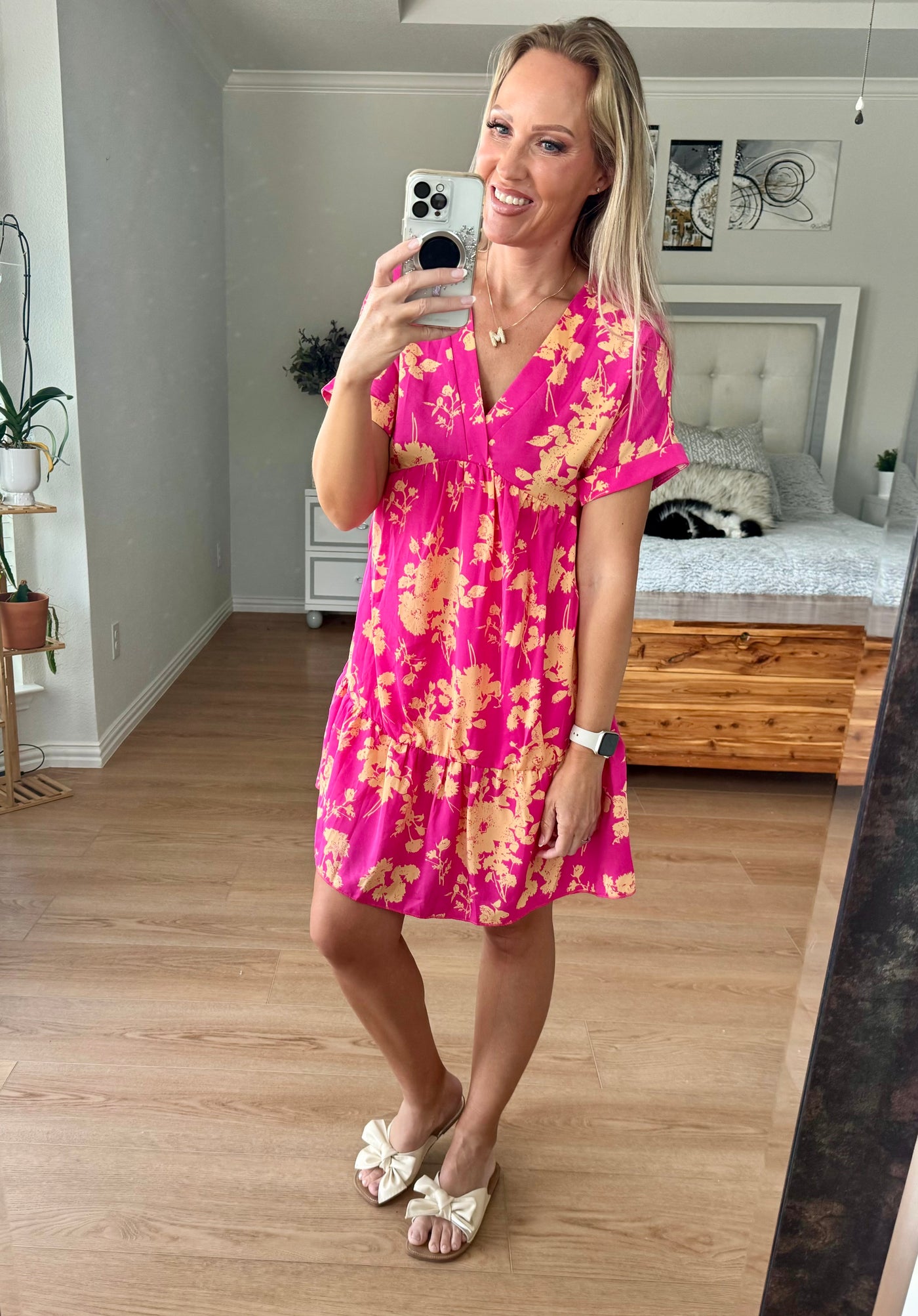 Brianna Printed Surplice Short Sleeve Mini Dress