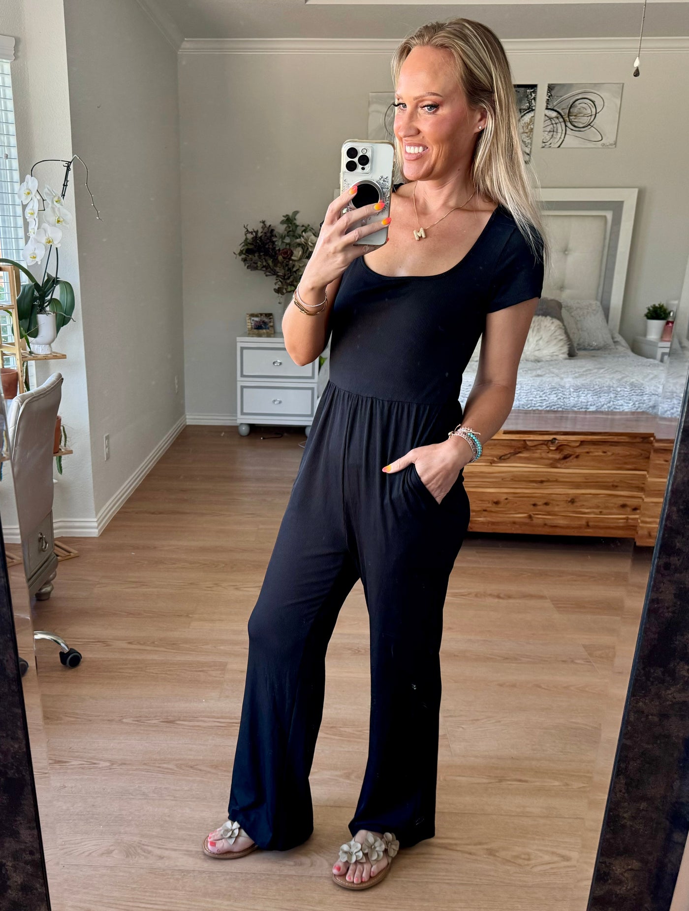 Chelsea Square Neck Short Sleeve Wide Leg Jumpsuit