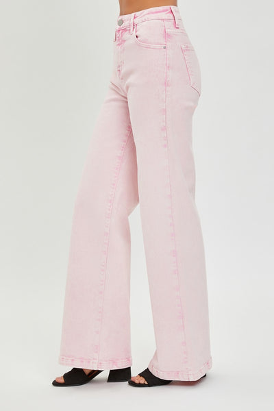RISEN High Rise Tummy Control Wide Leg Pink Jeans