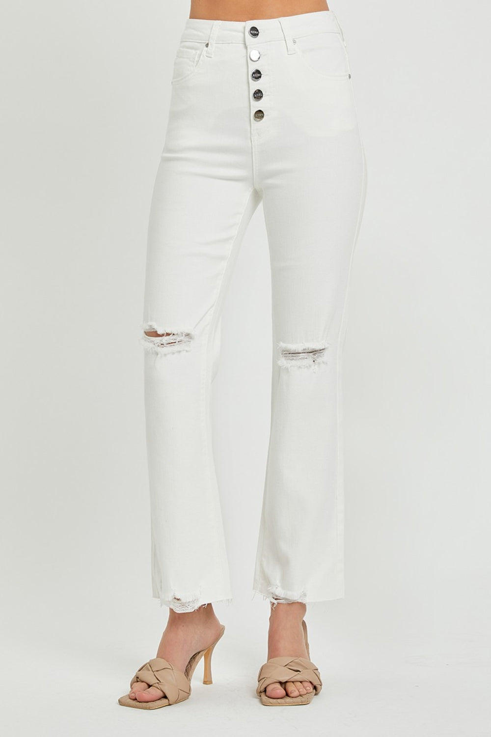 RISEN White Denim High Rise Button Fly Straight Ankle Jeans