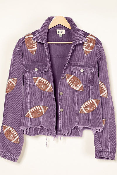 Get Your Kicks Purple Football Sequin Embroidery Washed Corduroy Jacket