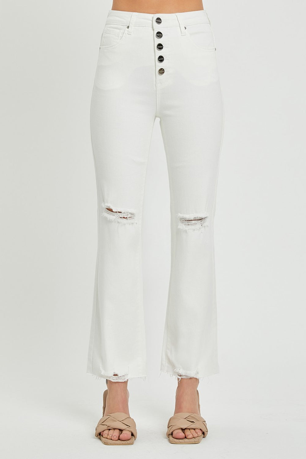 RISEN White Denim High Rise Button Fly Straight Ankle Jeans