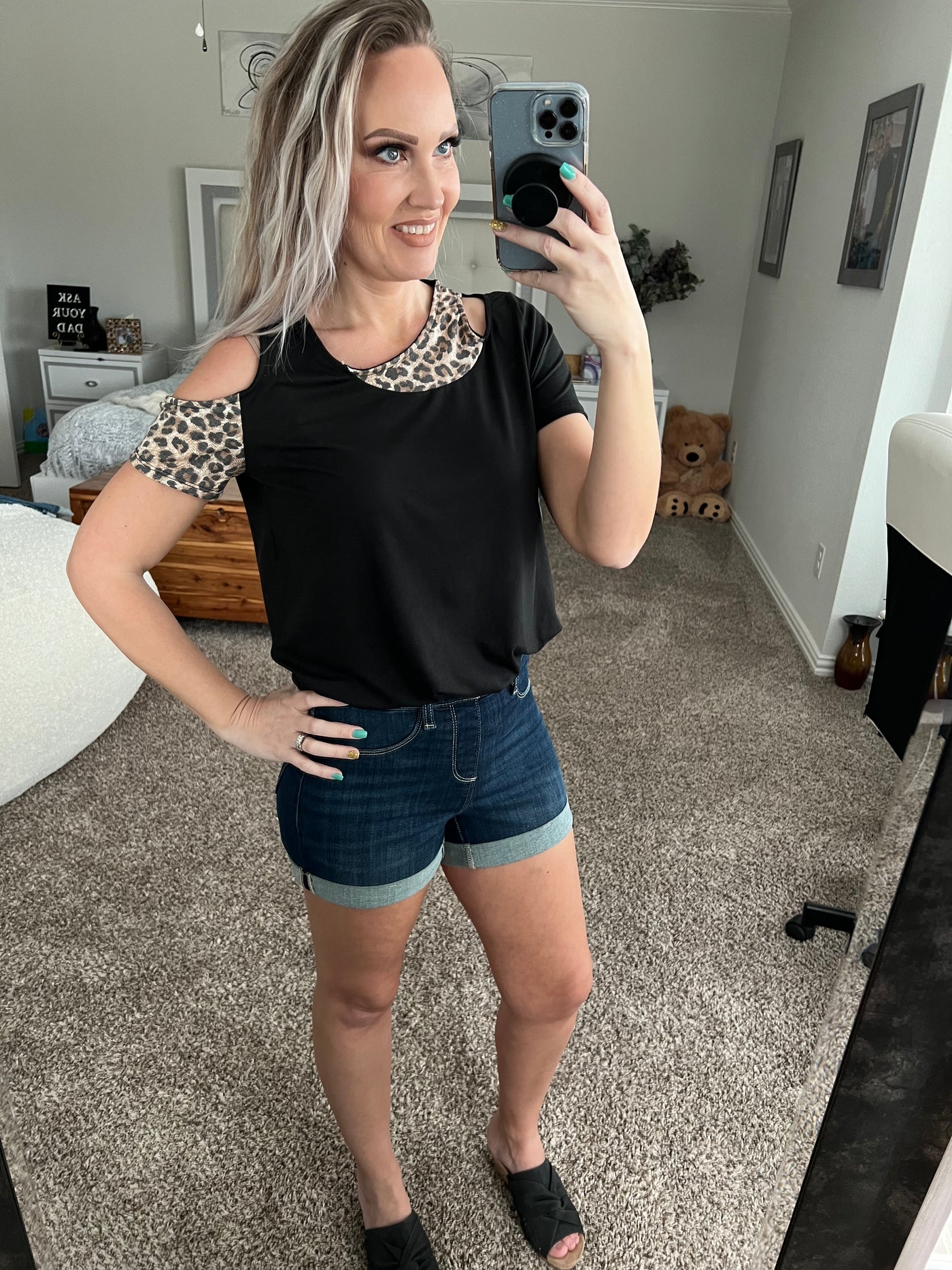 Leopard Color Block Cold Shoulder Top