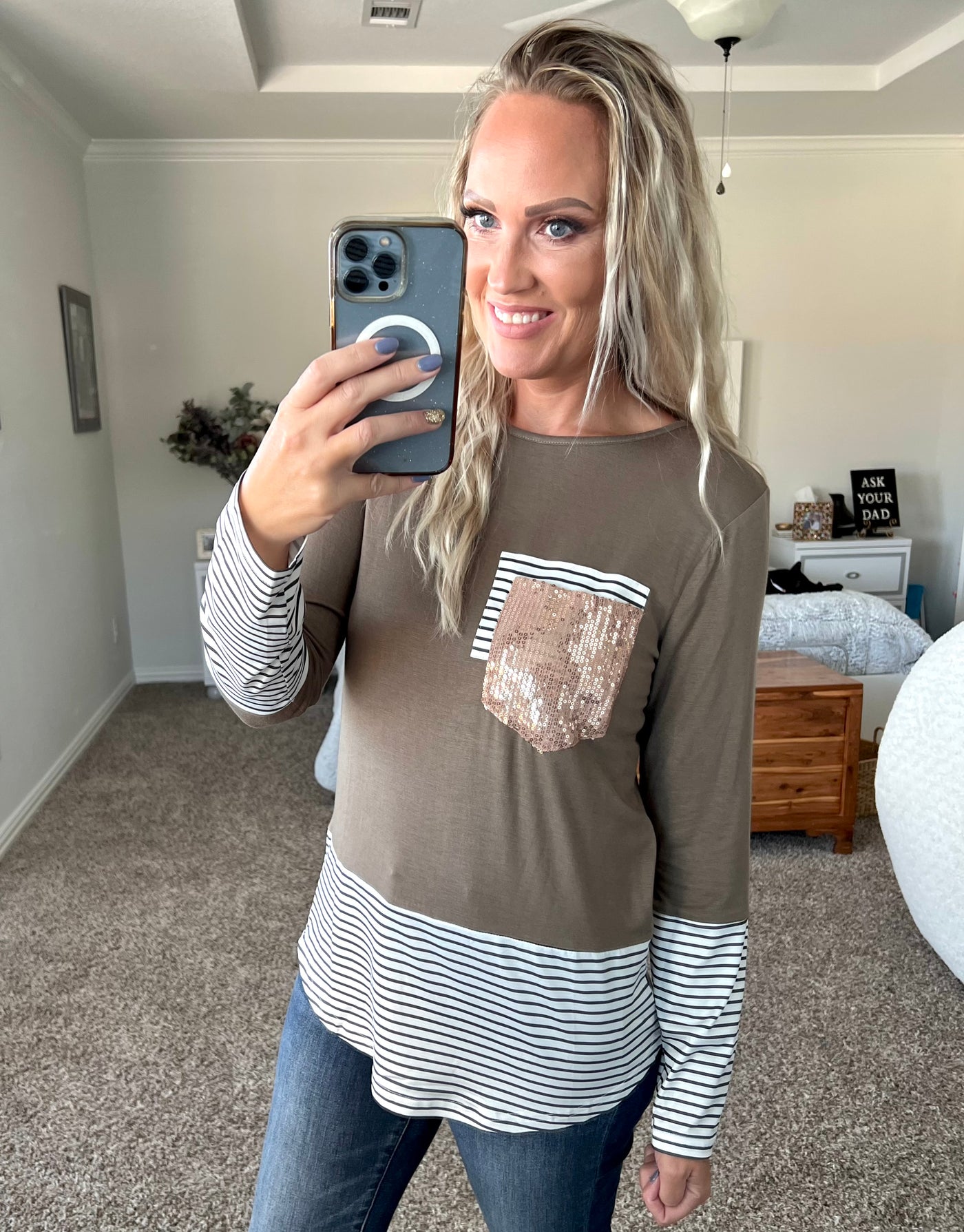 Color Block Sequin Pocket Long Sleeve Top