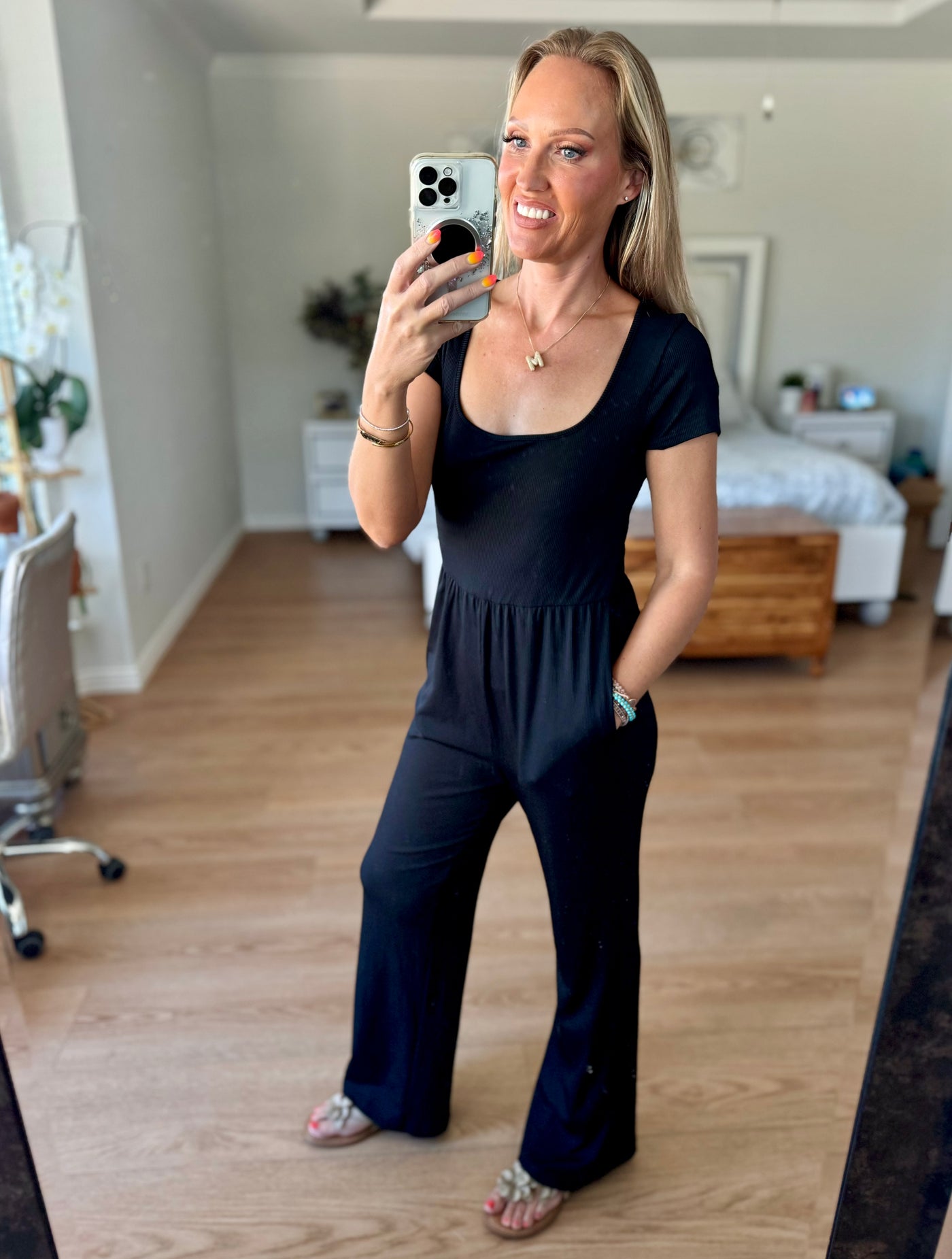 Chelsea Square Neck Short Sleeve Wide Leg Jumpsuit