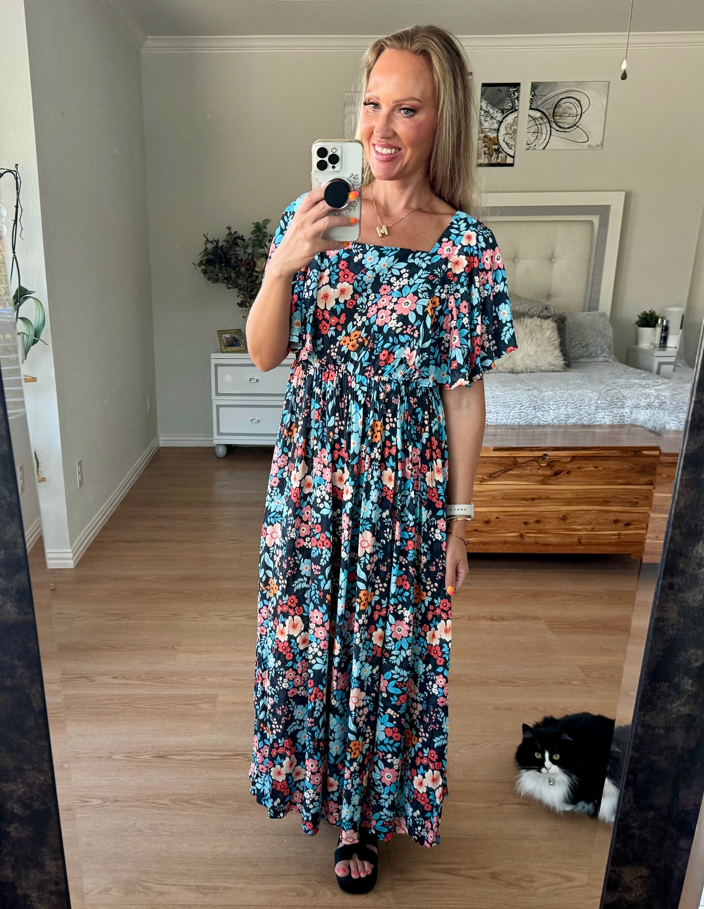 Sophia Tie Back Floral Round Neck Half Sleeve Maxi Dress