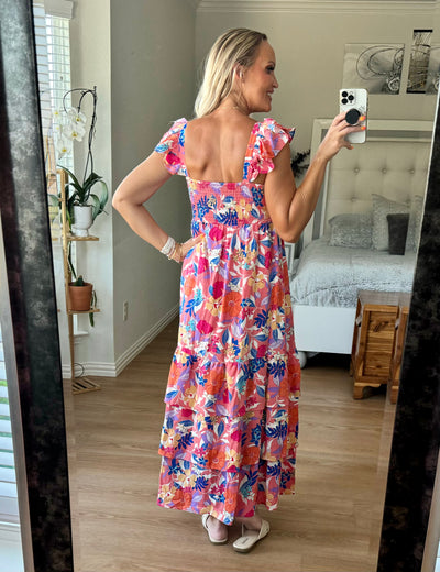 Tre Tiered Ruffled Floral Sleeveless Maxi Dress