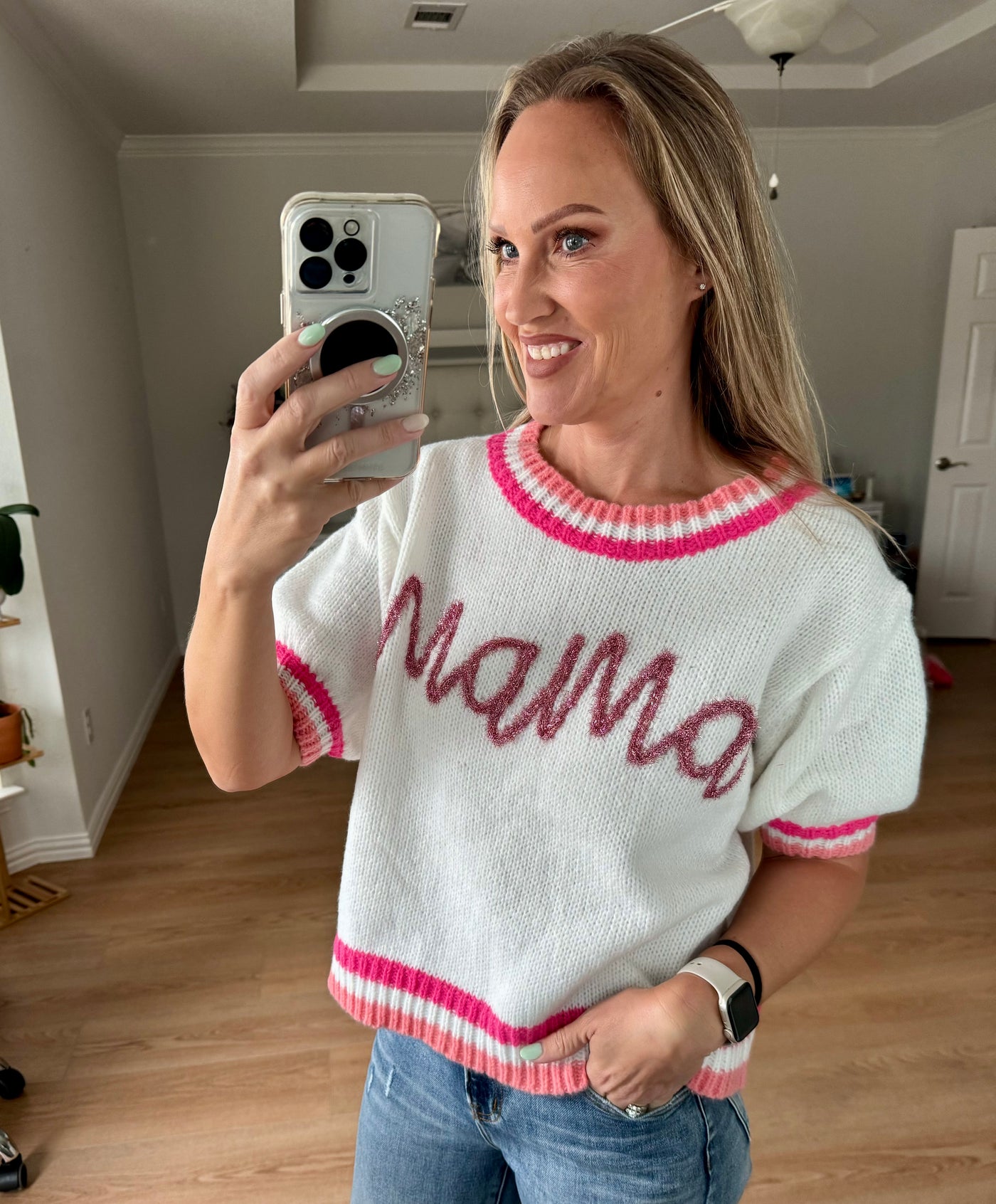 MAMA Contrast Trim Short Sleeve Sweater