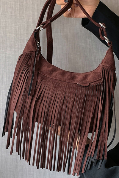 Vegan Suede Fringe Adjustable Strap Shoulder Bag