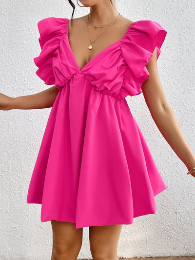 Ruffled V-Neck Cap Sleeve Mini Dress