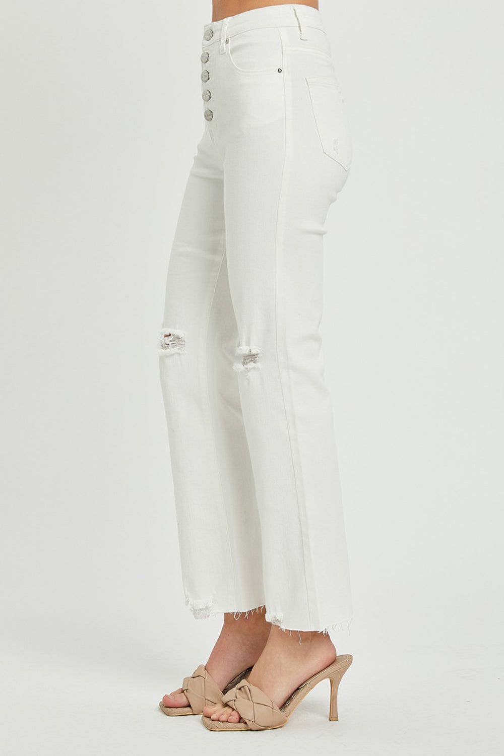 RISEN White Denim High Rise Button Fly Straight Ankle Jeans