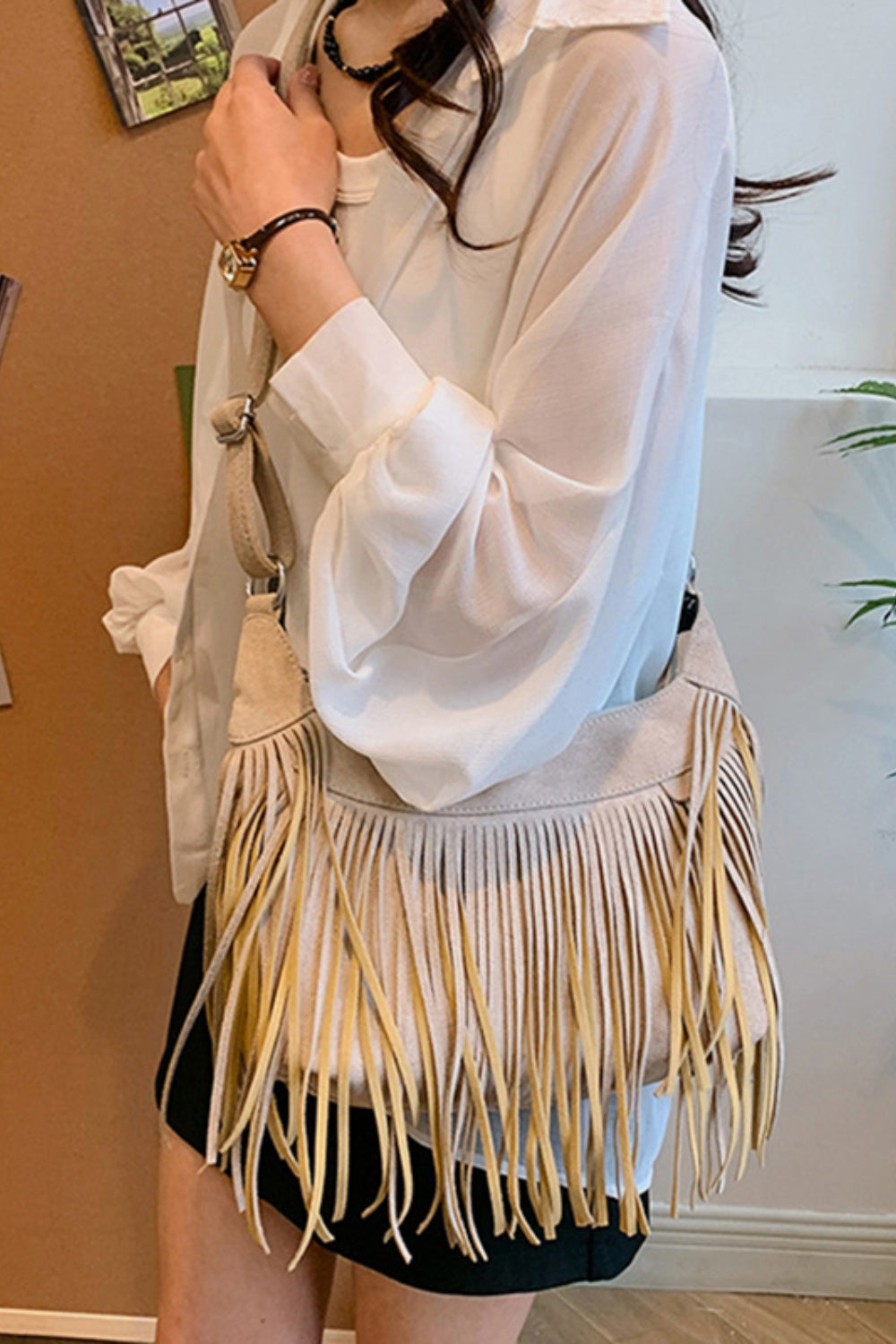 Vegan Suede Fringe Adjustable Strap Shoulder Bag