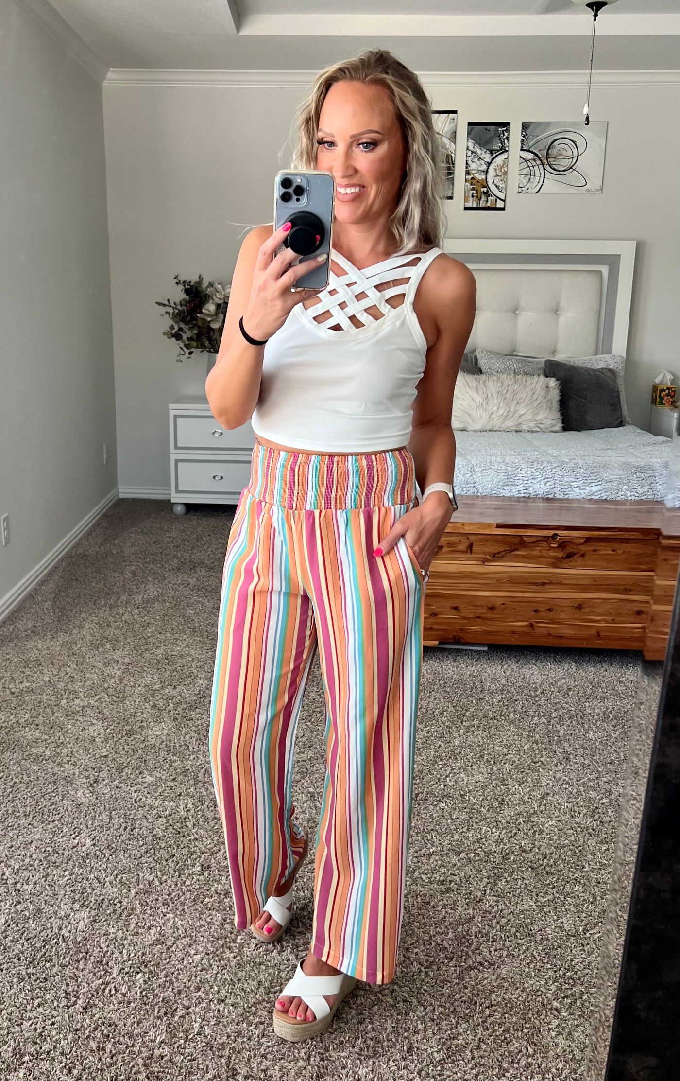 Shanna Striped Smocked Waist Pants with Pockets