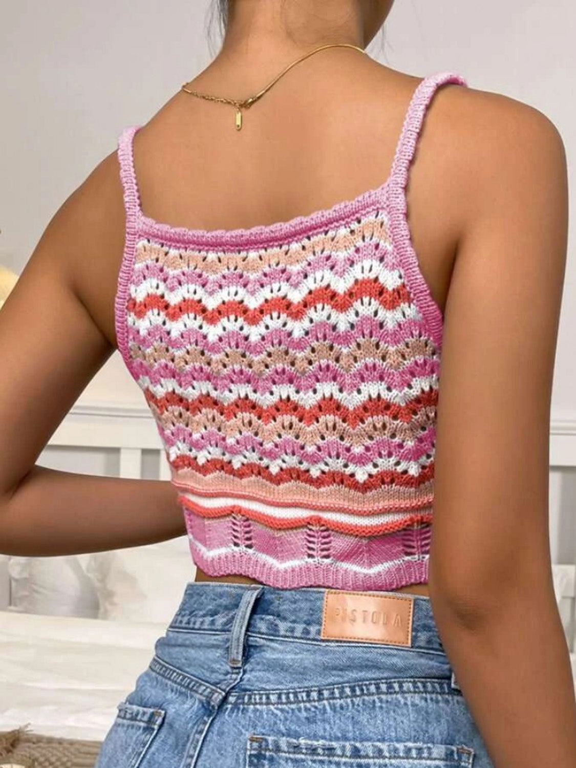 Gia Open Knit Striped Scoop Neck Cropped Cami