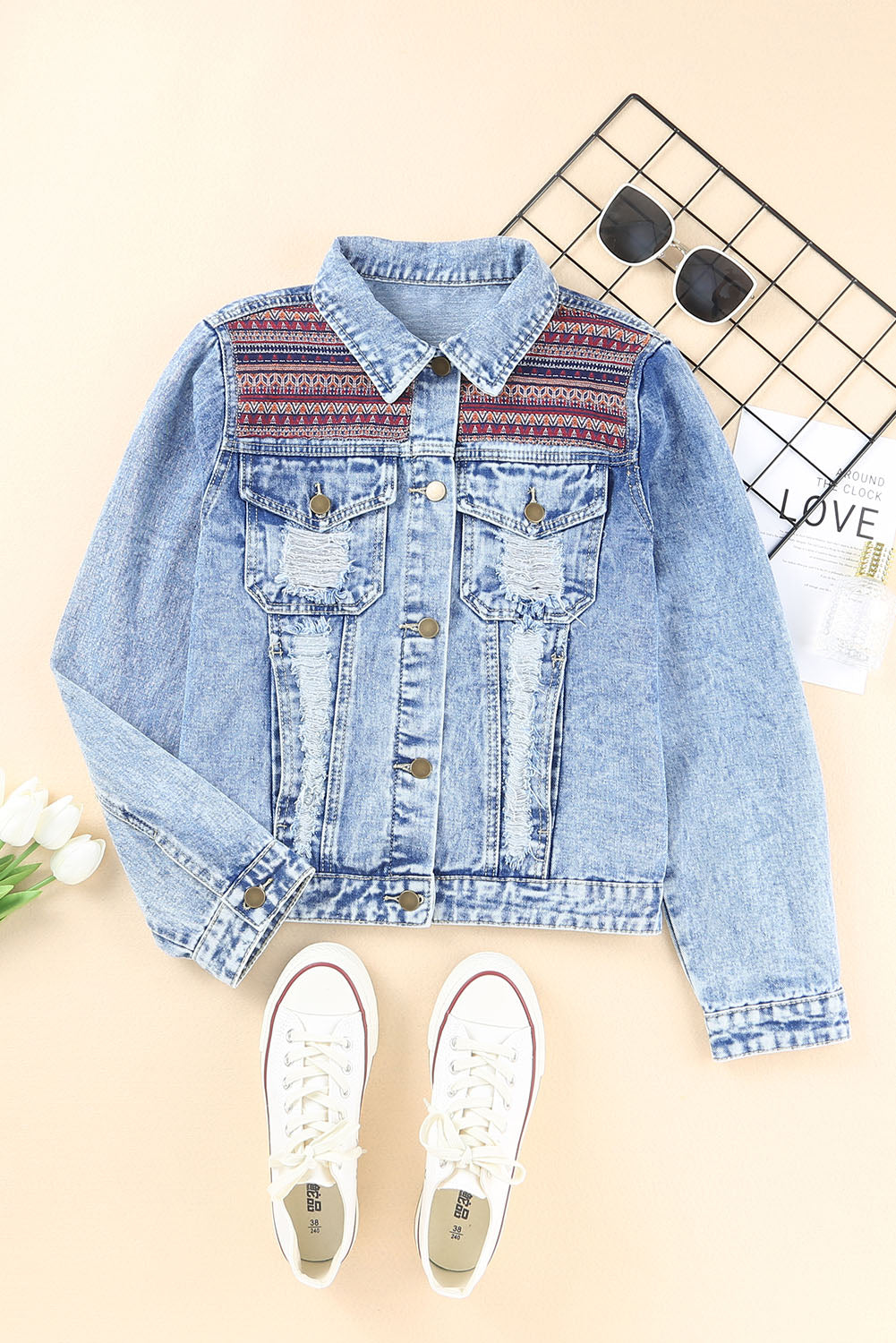 Dixie Printed Distressed Denim Jacket