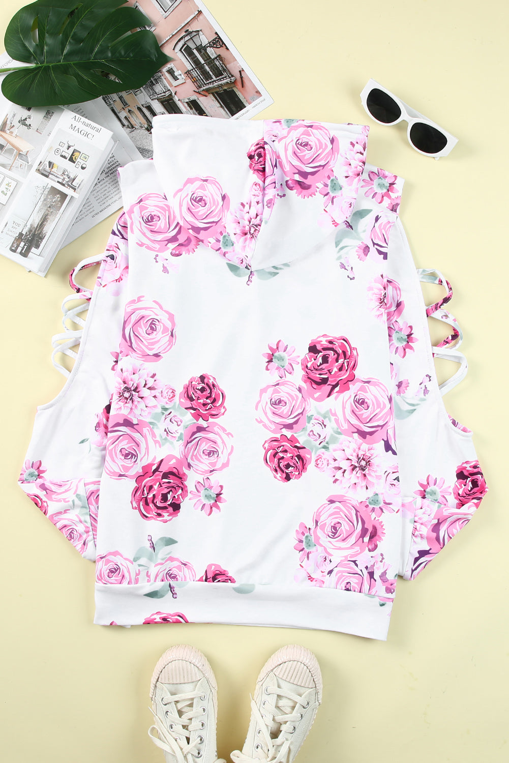 Amelia Floral Crisscross Open Arm Drawstring Hoodie