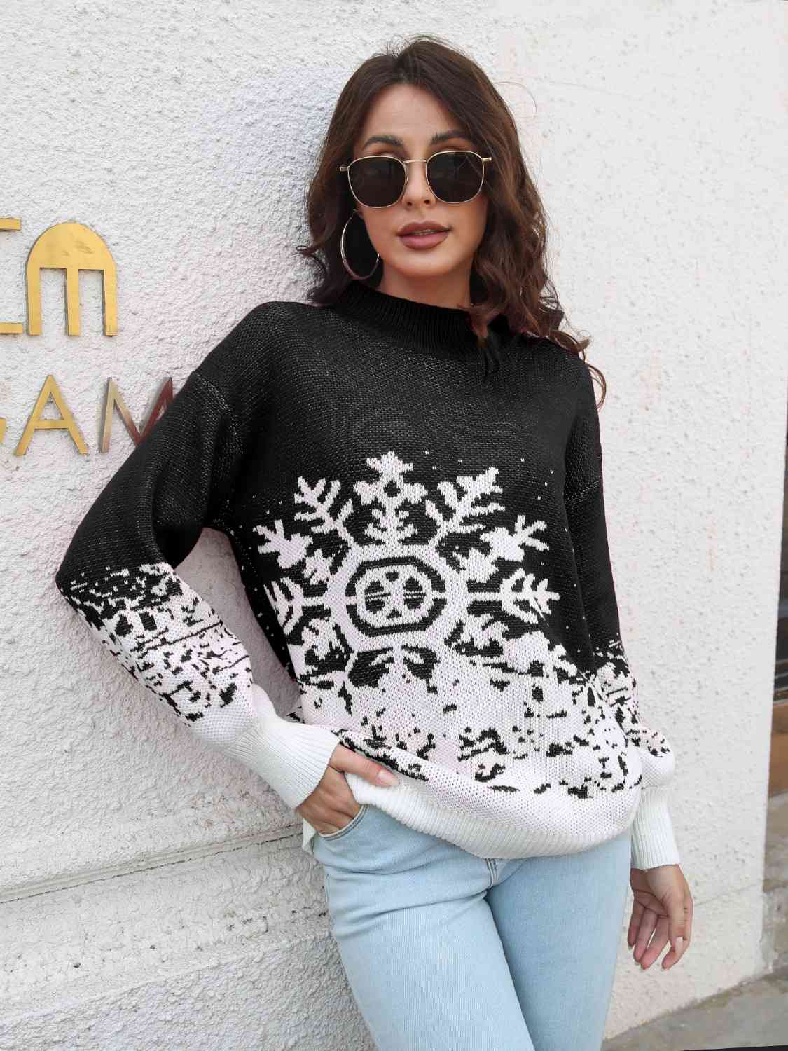 Merry Snowflakes Mock Neck Winter Sweater