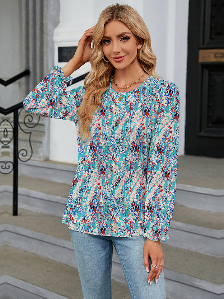 Joanie Printed Round Neck Puff Sleeve Blouse