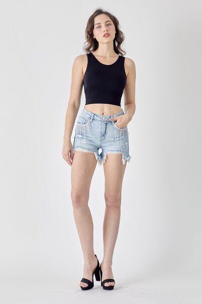 Rochelle RISEN Frayed Hem Embellished Denim Shorts with Fringe Detail