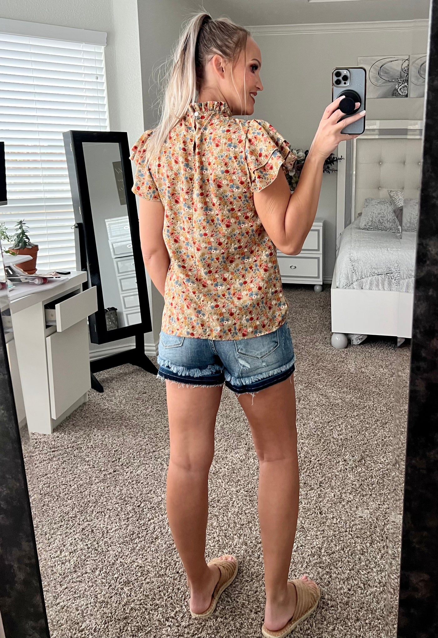 Desi Floral Ruffle Collar Flutter Sleeve Blouse